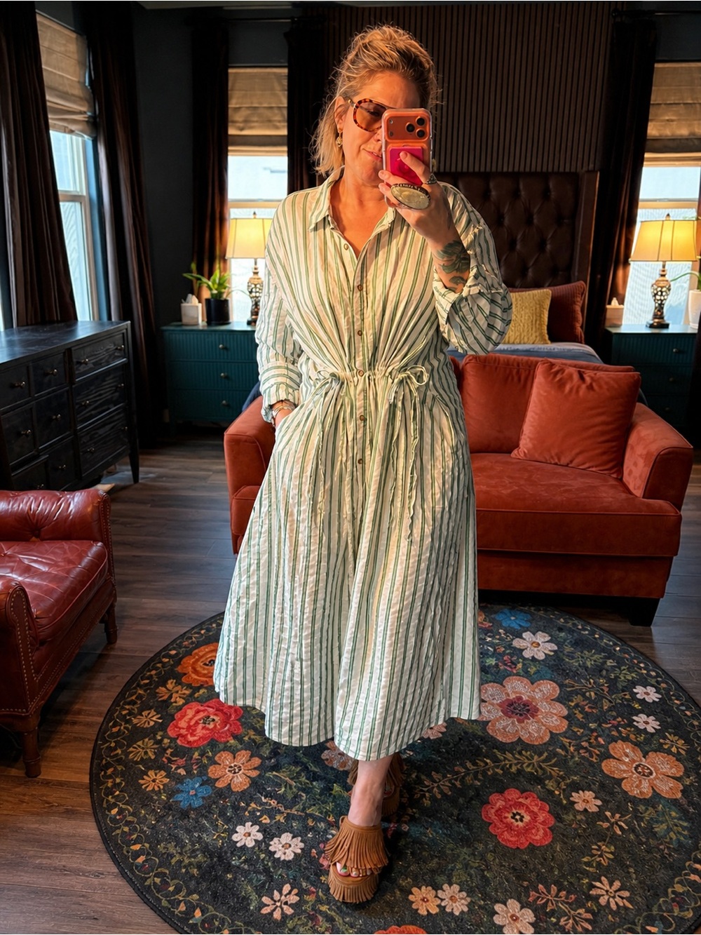 Universal Thread Green Stripe Shirt Dress XL Midi Button Front Tie Waist Casual
